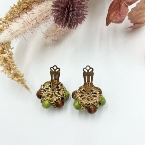 Vintage Wooden Stone Beads Earrings Clip on - Picture 5 of 6